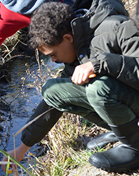 Jalen May takes the temperature of the stream on the chilly autumn day