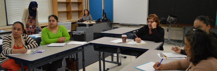 Parents study English while their children are in classrooms nearby