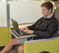 Junior Nate Spitzley in what learning commons coordinator Cathy Szivan calls a “Jetson seat”