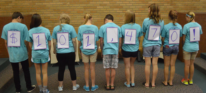 Duncan Lake Middle School Student Council Leadership Team members show the total raised for Van Andel Institute in eight years