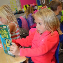 Finley Terpstra reads a Berenstain Bears book