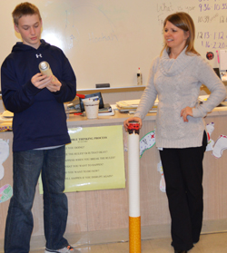 Comstock Park seventh-grader Colby Brown names a toxic ingredients found in cigarettes at a LifeSkills class led by Kent County health educator Tracy Malinowski