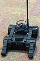 A remote controlled talking robot piloted by officers and students made its way around the Leadership Conference