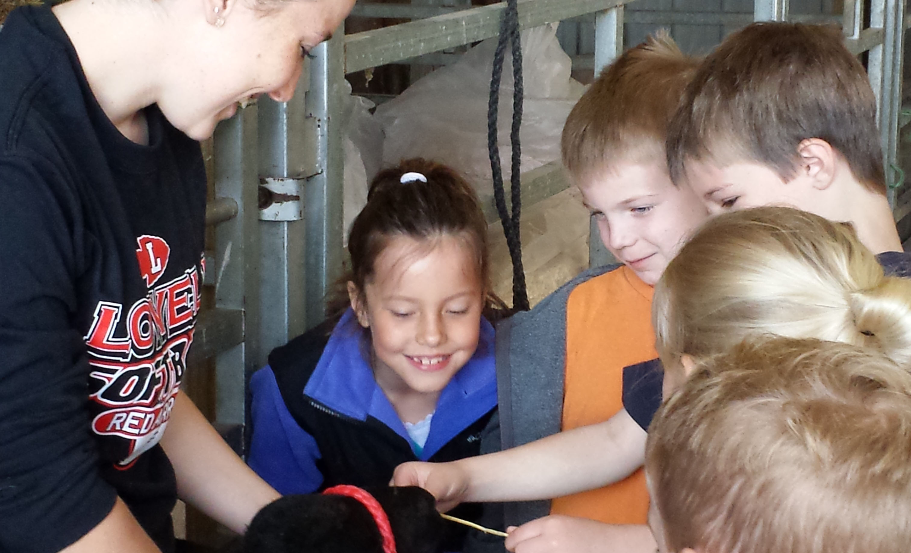 Lowell FFA student Olivia Kauffman shows a lamb to first-graders from Murray Lake Elementary School at the Wittenbach/Wege Center