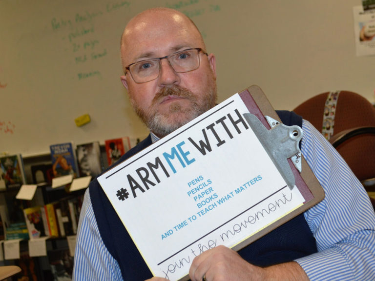 Jeffrey Larsen, Lowell High School AP literature teacher, would rather be armed with school supplies