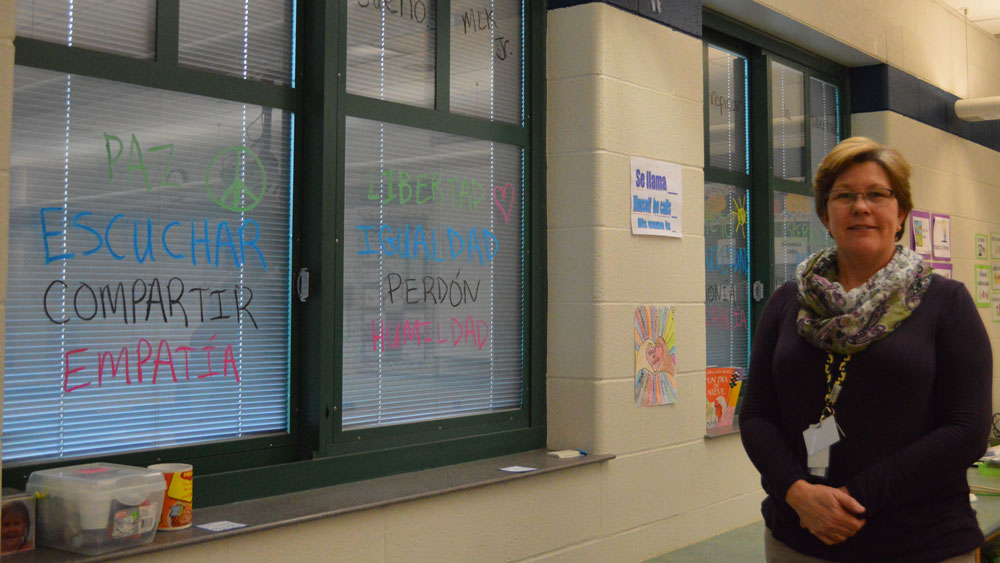 Forest Hills teacher Ingrid Fournier, who keeps her classroom windows’ blinds closed, is opposed to arming teachers