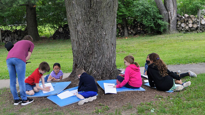 Stacy VanderMolen’s first- and second-graders draw trees outside of the school, the last of four drawings they did through the year to record the seasonal changes 