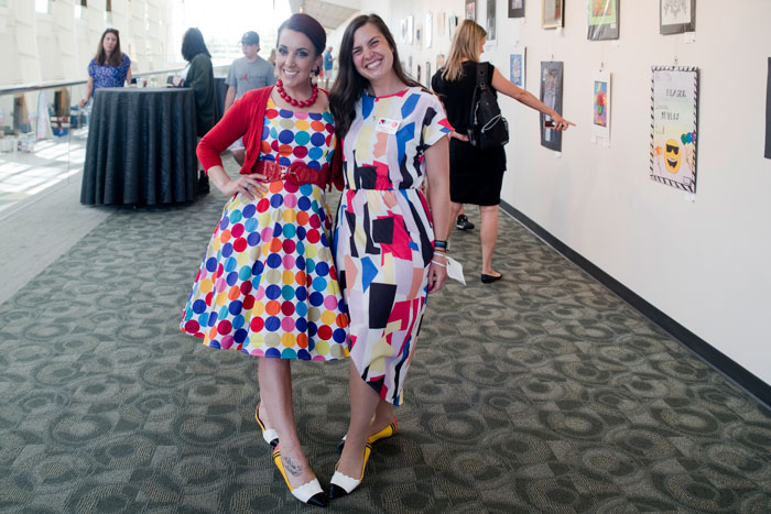 From left, Lindsay Moynihan, art teacher at Oakwood Intermediate, and Emily Miller, art teacher at Allendale Early Childhood and Evergreen Elementary, show off their artistic flair in fashion