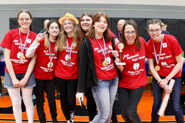 The Odyssey of the Mind team from East Kentwood High School earned a spot at the World Finals in May with their creative presentation. Pictured from left are Julia Woodard, Ko Montalvo, Avery Ringstrom, Brooklyn Bouche, Alexia Dault, Coach Avery Ringstrom and Abrielle Woodard.