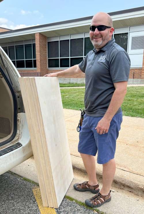 Fellow Grandville teacher Brian Stark built the five canvases for Slattery’s ArtPrize entry 
