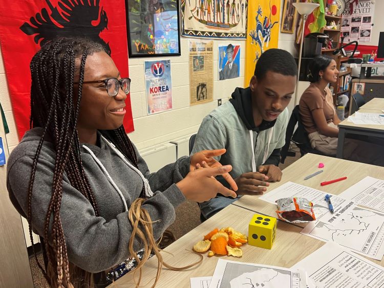  From left, sophomore Grace Forkpah and Davis Baraka play Mansa Musa