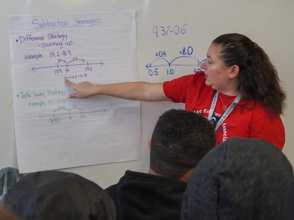 Fifth-grade teacher shows her students equation solving strategies on a white board. 