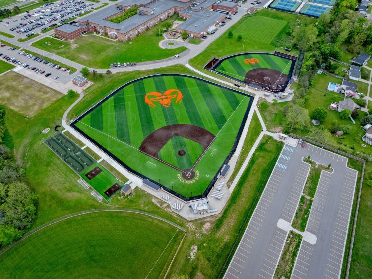 Aerial view of Rockford High School baseball and softball fields which are next to each other