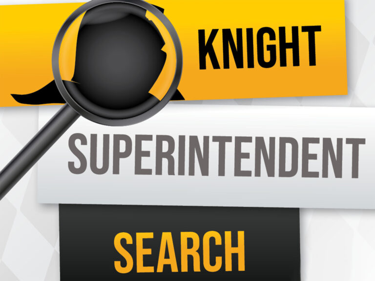 a text graphic reading "Knight superintendent search"